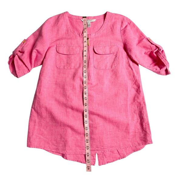 Ellen Tracy Pink Linen Cotton Top S Gold Zip Tassel 3/4 Sleeve Pockets Slit Back - Picture 13 of 16